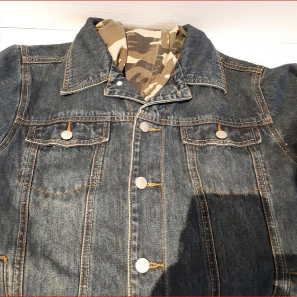 MacGear Denim & Camo Jean Jacket Size S Trucker Hooded Pockets - Picture 4 of 6